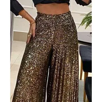 CHICME BEST SHOPPING DEALS Women Sequin High Waisted Pants Sparkly Wide Leg Flared Trousers Shiny Party Clubwear Long Pants