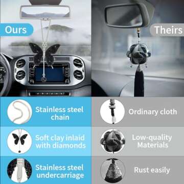 Bling Butterfly Diamond Car Hanging Accessories, Crystal Car Rear View Mirror Charms Car Decorative Accessories for Women, Lucky Presents Hanging Ornament Pendant Decor for All Cars (Black)