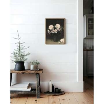 VIYYIEA Floral Framed Wall Art, Rose Flower Vintage Art Decor Room Aesthetic, 12x16 Inch Canvas Print Artwork, Farmhouse Still Life Painting Wall Decor for Bedroom Bathroom Office