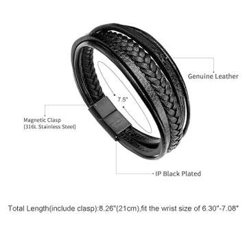 murtoo Mens Leather Bracelet with Clasp Cowhide Multi-Layer Braided Leather Mens Bracelet (Black, 7....