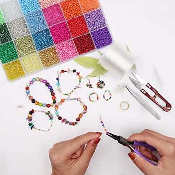 EuTengHao 13200Pcs Glass Seed Beads Small Craft Beads Small Beads for DIY Bracelet Necklaces Crafting Jewelry Making Supplies with Two 0.6mm Clear Bracelet String (3mm, 550 Per Color, 24 Colors)