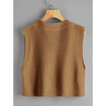 Romwe Women's Knit Sweater Vest Women Crop Y2K Sweater Vests V Neck Sleeveless JK Uniform Pullover Knitwear Tops Brown S