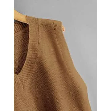 Romwe Women's Knit Sweater Vest Women Crop Y2K Sweater Vests V Neck Sleeveless JK Uniform Pullover Knitwear Tops Brown S