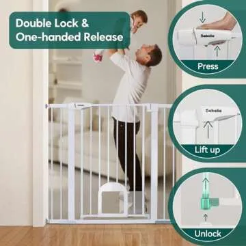 Babelio Baby Gate with Adjustable Cat Door,29-43" Auto Close Durable Pet door for Stairs,Doorways and House,Pressure Mounted,Easy Install,Effortless Walk Thru,White