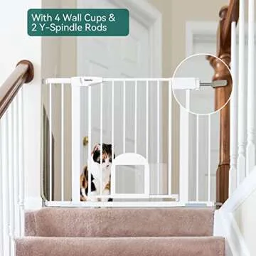 Babelio Baby Gate with Adjustable Cat Door,29-43" Auto Close Durable Pet door for Stairs,Doorways and House,Pressure Mounted,Easy Install,Effortless Walk Thru,White