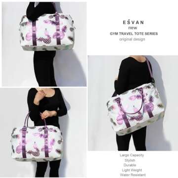 ESVAN Travel Tote Duffel Gym Bag,Weekender Overnight Carry-on Tote Crossbody Bag with Wet Pocket and Trolley Sleeve Upgraded ([A] Claret Pineapple)