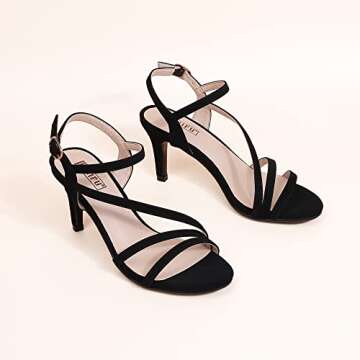 IDIFU Women's Black Nude White Silver Heels for Women Dress Kitten Heels Strappy Open Toe Heels Sandals Wedding Evening Party Shoes for Women Ladies Bridal (Black Nubuck, 9 M US)