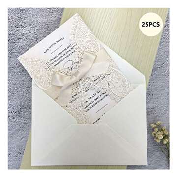 Picky Bride 25pcs 5x7 Wedding Invitations with Envelopes, Laser Cut Lace Hollow with Elegant Ribbons...