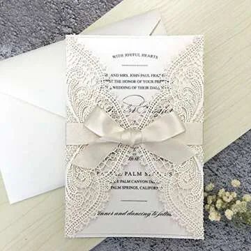Picky Bride 25pcs 5x7 Wedding Invitations with Envelopes, Laser Cut Lace Hollow with Elegant Ribbons, for Wedding Bridal Shower Engagement Birthday Party Invite, Ivory