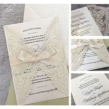 Picky Bride 25pcs 5x7 Wedding Invitations with Envelopes, Laser Cut Lace Hollow with Elegant Ribbons, for Wedding Bridal Shower Engagement Birthday Party Invite, Ivory