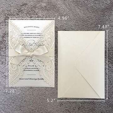 Picky Bride 25pcs 5x7 Wedding Invitations with Envelopes, Laser Cut Lace Hollow with Elegant Ribbons, for Wedding Bridal Shower Engagement Birthday Party Invite, Ivory