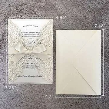 Picky Bride 25pcs 5x7 Wedding Invitations with Envelopes, Laser Cut Lace Hollow with Elegant Ribbons, for Wedding Bridal Shower Engagement Birthday Party Invite, Ivory