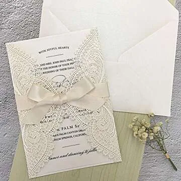 Picky Bride 25pcs 5x7 Wedding Invitations with Envelopes, Laser Cut Lace Hollow with Elegant Ribbons, for Wedding Bridal Shower Engagement Birthday Party Invite, Ivory