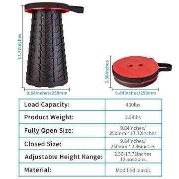 Boreeman Upgraded Folding Stool Lightweight Yet More Sturdy with Load Capacity 400lbs Portable Colla...