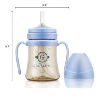 GROSMIMI Spill Proof no Spill Magic Sippy Cup with Straw with Handle for Baby and Toddlers, Customizable, PPSU, BPA Free 6 oz (Sky blue)