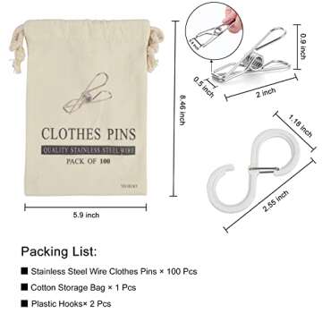 100 Pcs Clothespins Laundry Chip Clips - Durable Stainless Steel Clothes Pins,Heavy Duty Clamp Metal...
