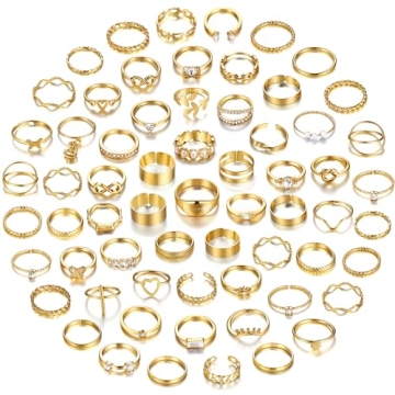 FAXHION Gold Stackable Rings Set - 60 Unique Styles for Women, Perfect Gift with Storage Box