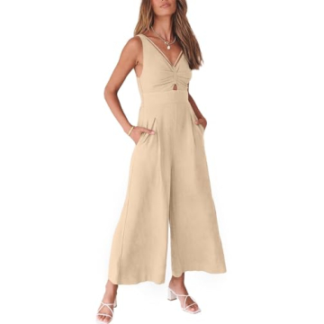 ANRABESS Women's Summer Wide Leg Linen Jumpsuits Dressy V Neck Sleeveless Casual Pants Rompers 2025 Vacation Beach Outfits