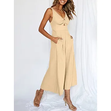 ANRABESS Women's Summer Wide Leg Linen Jumpsuits Dressy V Neck Sleeveless Casual Pants Rompers 2025 Vacation Beach Outfits