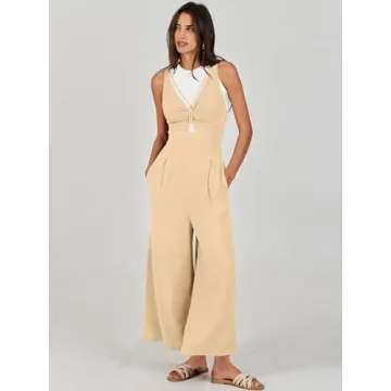 ANRABESS Women's Summer Wide Leg Linen Jumpsuits Dressy V Neck Sleeveless Casual Pants Rompers 2025 Vacation Beach Outfits