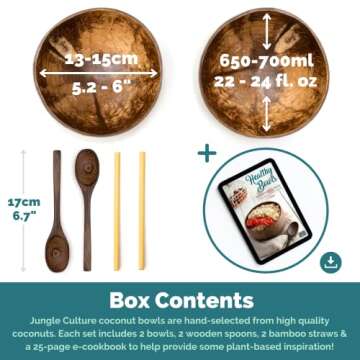 Jungle Culture 2 Polished Coconut Bowl and Wooden Spoons Set with Bamboo Straws • Natural Coconut ...