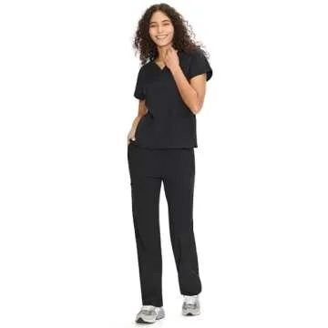 COZYFIT Scrubs for Women Set Medical Uniform - V-Neck Top & Straight Leg Pants with 9 Pockets, Wrinkle-Resistant Unisex Workwear, Black, XS