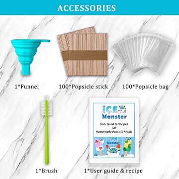 Ice Monster Silicone Popsicle Molds - Homemade Popsicles Molds For Kids Popsicle Mold Food Grade Silicone BPA Free Ice Pop Molds Frozen Pop Tray 100 Popsicle Sticks 100 Popsicle Bags Funnel Recipes