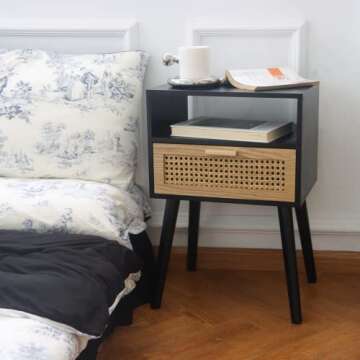 MaxSmeo End Table with Storage Mid Century Nightstand with Rattan Drawer and Shelf, Wood Small Side ...