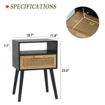 MaxSmeo End Table with Storage Mid Century Nightstand with Rattan Drawer and Shelf, Wood Small Side Coffee Table for Small Space, Living Room and Bedroom, Easy Assembly (Black)