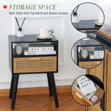 MaxSmeo End Table with Storage Mid Century Nightstand with Rattan Drawer and Shelf, Wood Small Side Coffee Table for Small Space, Living Room and Bedroom, Easy Assembly (Black)