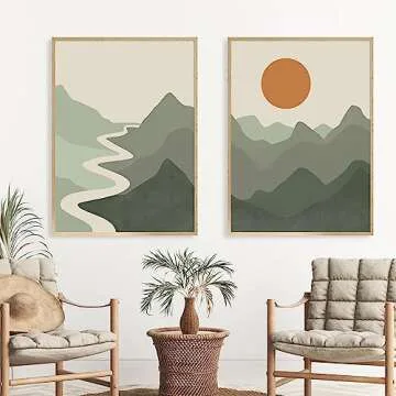 BACKYMRART Boho Green Sun Mountain Landscape Wall Art Sunset Mint Poster Mid Century Abstract Print Set of 2 Nature Prints for Living Room Bedroom Decor 12x16in Frameless Poster, 12x16inchx3 Unframed