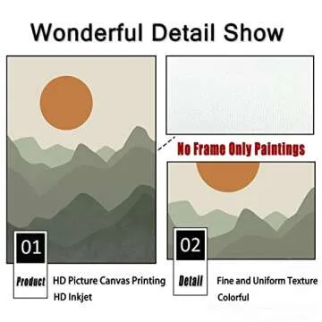BACKYMRART Boho Green Sun Mountain Landscape Wall Art Sunset Mint Poster Mid Century Abstract Print Set of 2 Nature Prints for Living Room Bedroom Decor 12x16in Frameless Poster, 12x16inchx3 Unframed