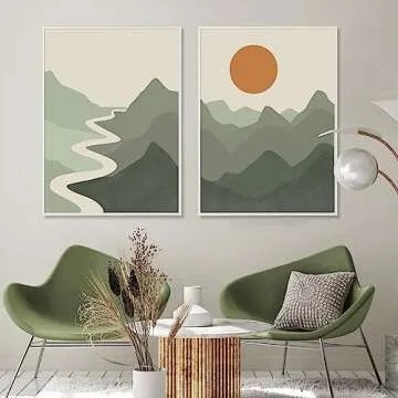 BACKYMRART Boho Green Sun Mountain Landscape Wall Art Sunset Mint Poster Mid Century Abstract Print Set of 2 Nature Prints for Living Room Bedroom Decor 12x16in Frameless Poster, 12x16inchx3 Unframed