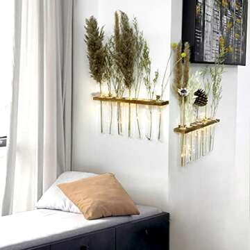 MYFINCA Propagation Stations Wall Hanging Planter Terrarium with LED Lights & Wooden Stand Propogation Planter Glass Tube Vase for Hydroponic Plant Cutting Flower, Home Decor (2Tier & 14Tubes)