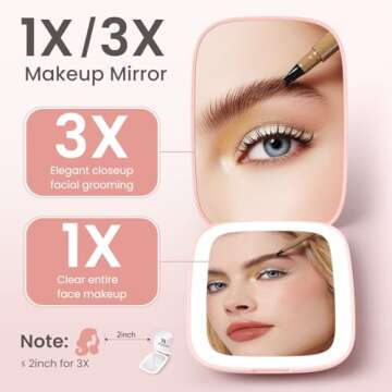 Rechargeable Travel Mirror with Lights 3 Color Modes,1X/3X Magnification Mini Led Compact Makeup Mir...