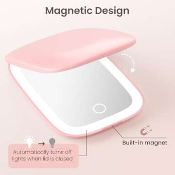 Rechargeable Travel Mirror with Lights 3 Color Modes,1X/3X Magnification Mini Led Compact Makeup Mirror for Purse, Travel Essentials Gifts Stocking Stuffers for Girls Women - Pink