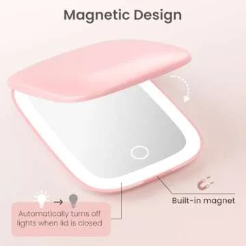 Rechargeable Travel Mirror with Lights 3 Color Modes,1X/3X Magnification Mini Led Compact Makeup Mirror for Purse, Travel Essentials Gifts Stocking Stuffers for Girls Women - Pink