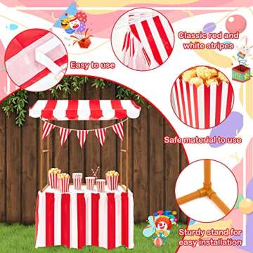 Meooeck 75 Pcs Carnival Circus Concession Stand Decor Kit Red White Striped Table Skirt and Pennant with Red White Striped Popcorn Boxes and Straws for Carnival Party Supplies