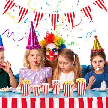 Meooeck 75 Pcs Carnival Circus Concession Stand Decor Kit Red White Striped Table Skirt and Pennant with Red White Striped Popcorn Boxes and Straws for Carnival Party Supplies