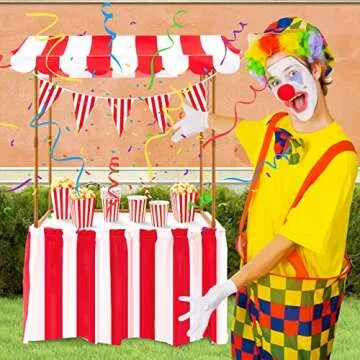 Meooeck 75 Pcs Carnival Circus Concession Stand Decor Kit Red White Striped Table Skirt and Pennant with Red White Striped Popcorn Boxes and Straws for Carnival Party Supplies