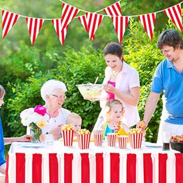 Meooeck 75 Pcs Carnival Circus Concession Stand Decor Kit Red White Striped Table Skirt and Pennant with Red White Striped Popcorn Boxes and Straws for Carnival Party Supplies