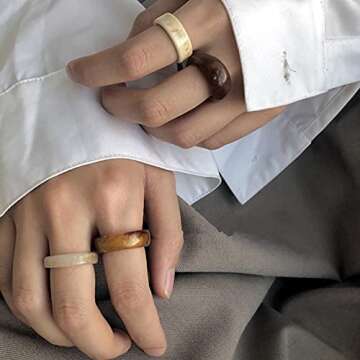 Jstyle 5-10Pcs Vintage Resin Acrylic Rings for Women Stackable Colorful Trendy Chunky Transparent Plastic Band Rhinestone Gem Rings Set