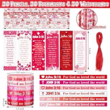 Dispowreath 120 Pcs/30 Sets Religious Valentine's Day Gifts Party Favors, Include John 316 Valentine Plastic Goody Bag Bible Verse Bookmark Christian Pencil Rubber Wristband for Church Sunday School