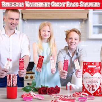 Dispowreath 120 Pcs/30 Sets Religious Valentine's Day Gifts Party Favors, Include John 316 Valentine Plastic Goody Bag Bible Verse Bookmark Christian Pencil Rubber Wristband for Church Sunday School