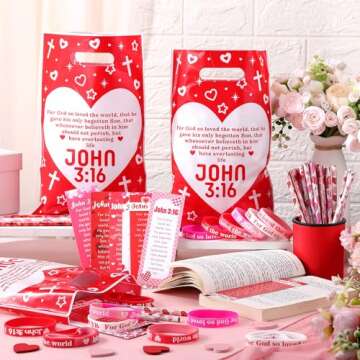 Dispowreath 120 Pcs/30 Sets Religious Valentine's Day Gifts Party Favors, Include John 316 Valentine Plastic Goody Bag Bible Verse Bookmark Christian Pencil Rubber Wristband for Church Sunday School