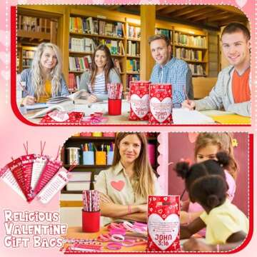 Dispowreath 120 Pcs/30 Sets Religious Valentine's Day Gifts Party Favors, Include John 316 Valentine Plastic Goody Bag Bible Verse Bookmark Christian Pencil Rubber Wristband for Church Sunday School