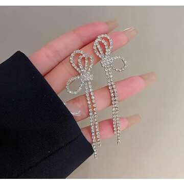 Rhinestones Bow Drop Earrings for Women Silver Crystal Bowknot Tassels Statement Earrings Lightweight Shiny Bar Earrings Set Jewelry（style 2）