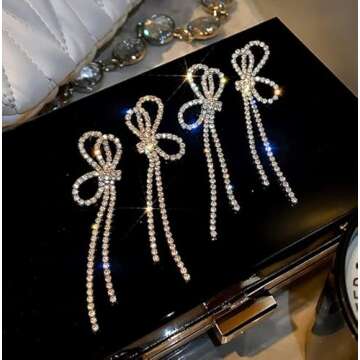 Rhinestones Bow Drop Earrings for Women Silver Crystal Bowknot Tassels Statement Earrings Lightweight Shiny Bar Earrings Set Jewelry（style 2）