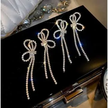 Rhinestones Bow Drop Earrings for Women Silver Crystal Bowknot Tassels Statement Earrings Lightweight Shiny Bar Earrings Set Jewelry（style 2）