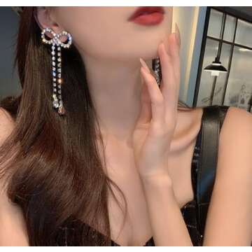 Rhinestones Bow Drop Earrings for Women Silver Crystal Bowknot Tassels Statement Earrings Lightweight Shiny Bar Earrings Set Jewelry（style 2）